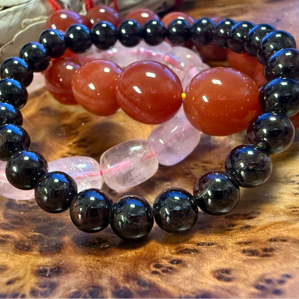 Passion Crystal Bracelet Stack (3pc) | Carnelian, Rose Quartz, Garnet
